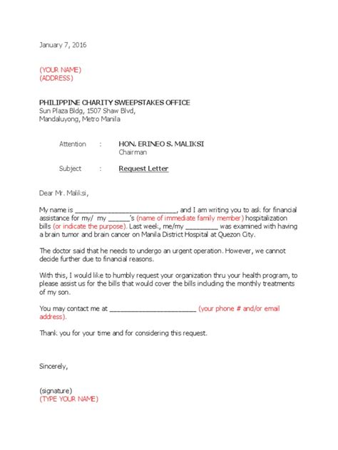 authorization letter for pcso financial assistance